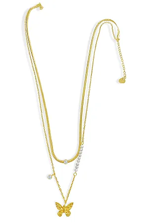 Κολιέ γυναικείο, διπλό, από ανοξείδωτο ατσάλι, με μαργαριτάρια, ζιργκόν, πεταλούδα & κίτρινο επιχρύσωμα ,45 εκατοστά μήκος η πιο κοντή καδένα+5εκατοστά αλυσίδα επέκτασης, silverline, 0330343201,